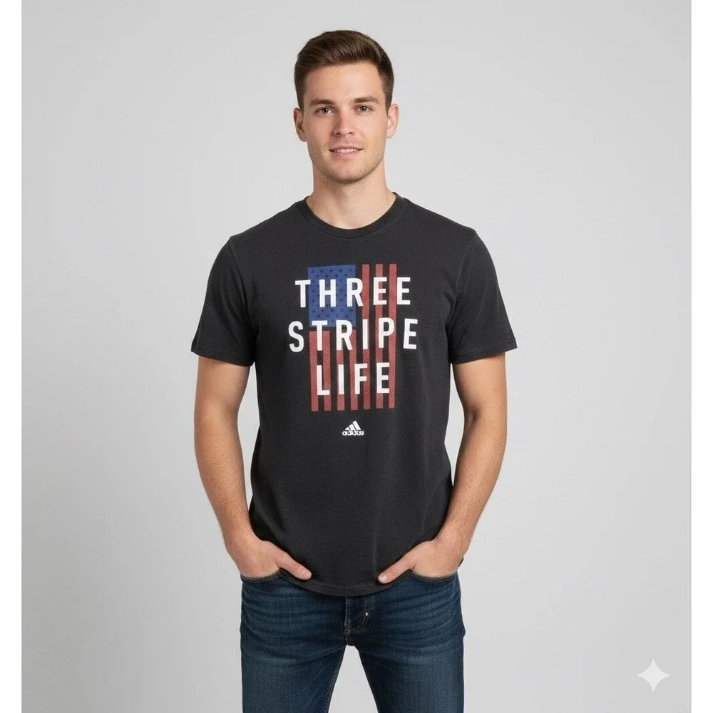 Adidas Mens Size Large Go To Tee Three Stripe Life Graphic T-Shirt Black Casual